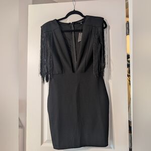 Symphony Black Deep Plunge Neckline Fringe Cocktail Dress